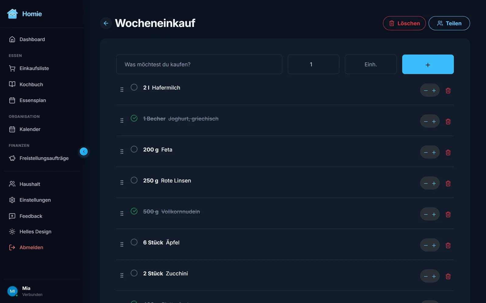 Eine Einkaufsliste in Homie mit abgehakten und offenen Einträgen, links die Navigation der App