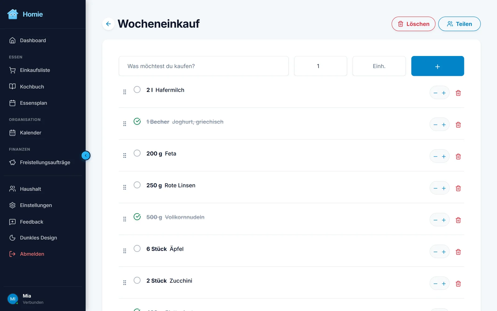 Eine Einkaufsliste in Homie mit abgehakten und offenen Einträgen, links die Navigation der App